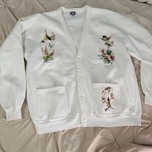 hummingbird print Women's White Cardigan